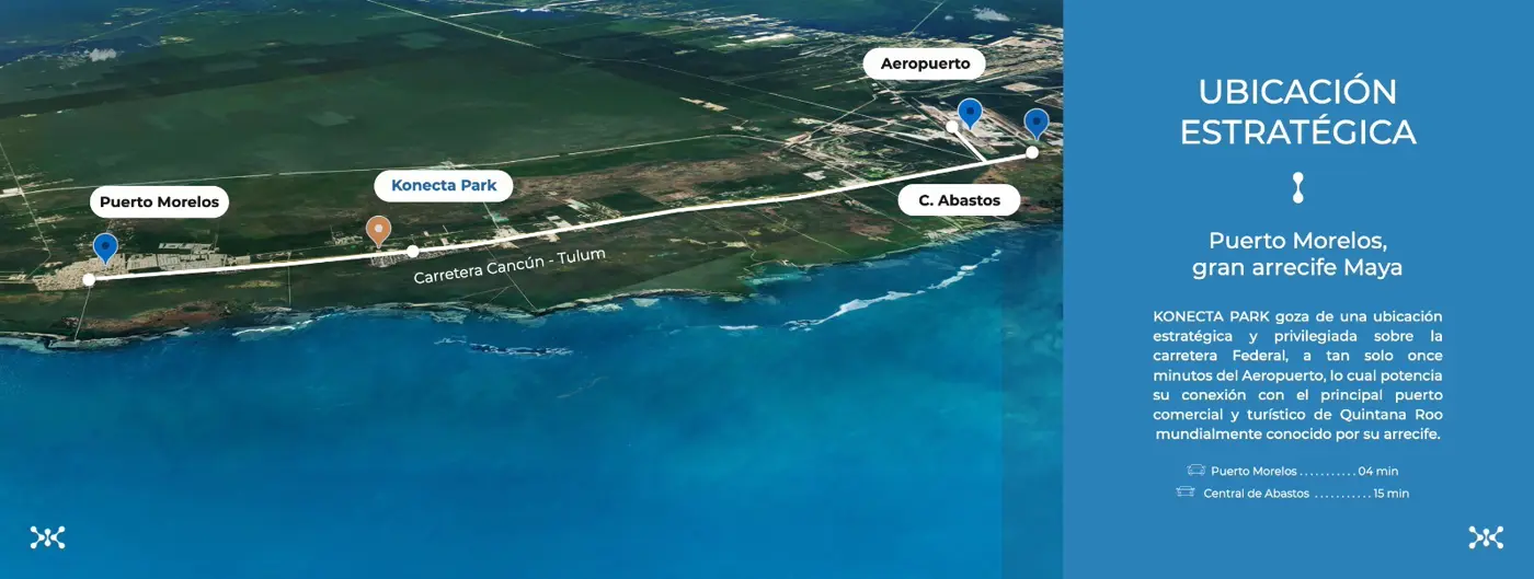 Mapa de ubicación estratégica Konecta Park — Aeropuerto, Puerto Morelos, Central de Abastos