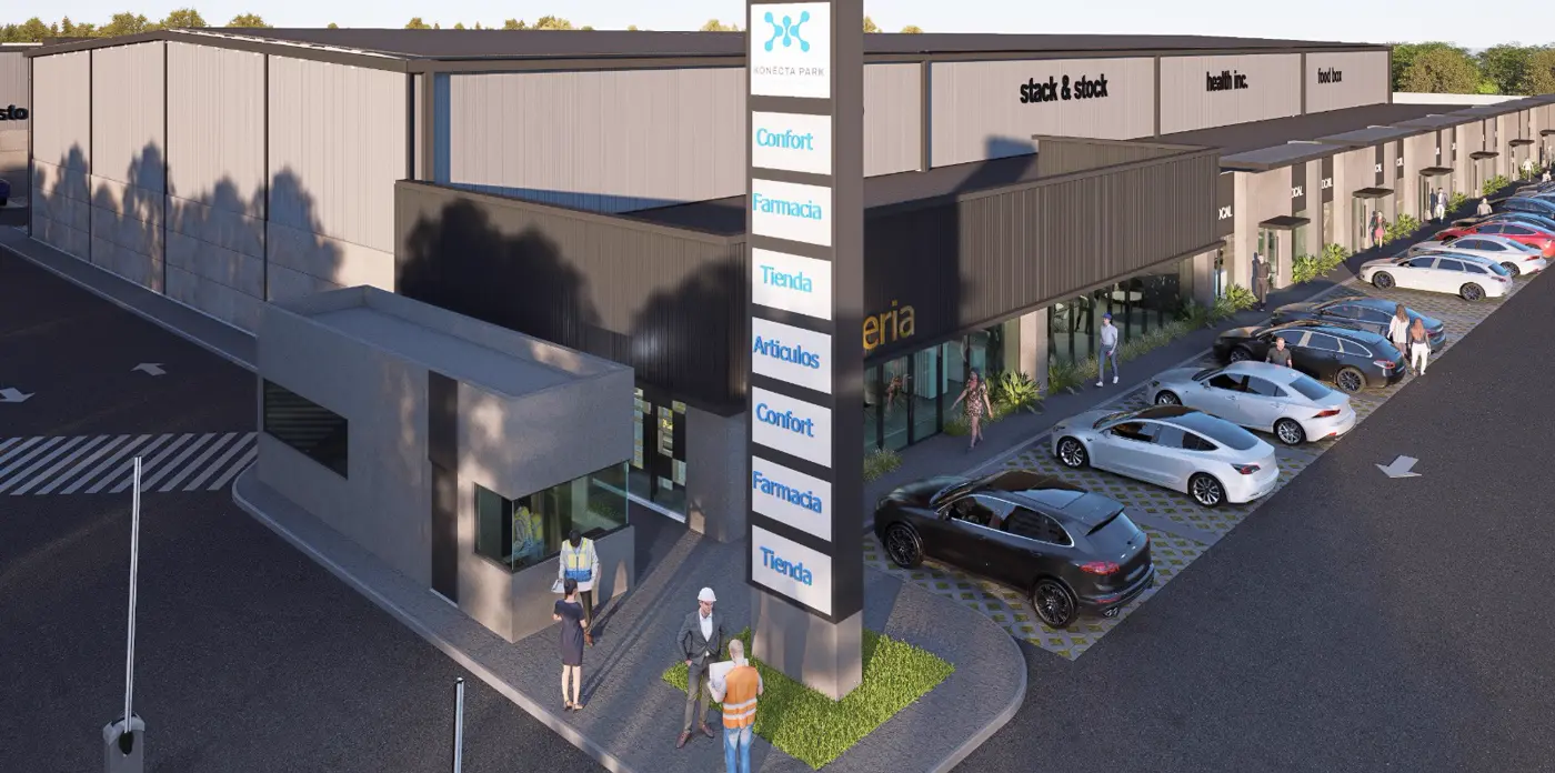Render fachada Konecta Park — locales comerciales, tótem y estacionamiento