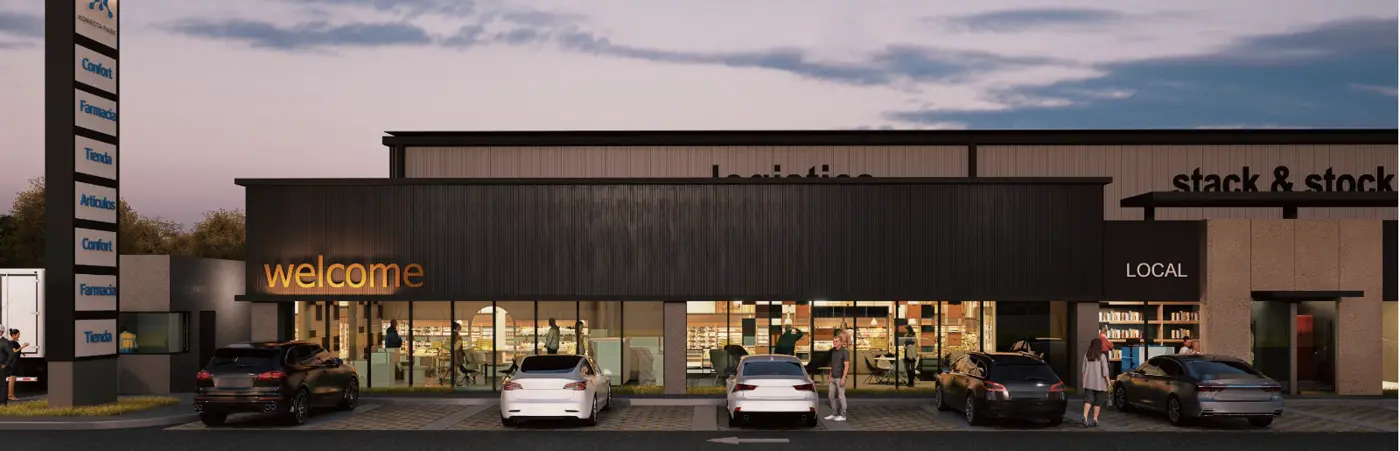 Render nocturno locales tipo showroom iluminados — Konecta Park