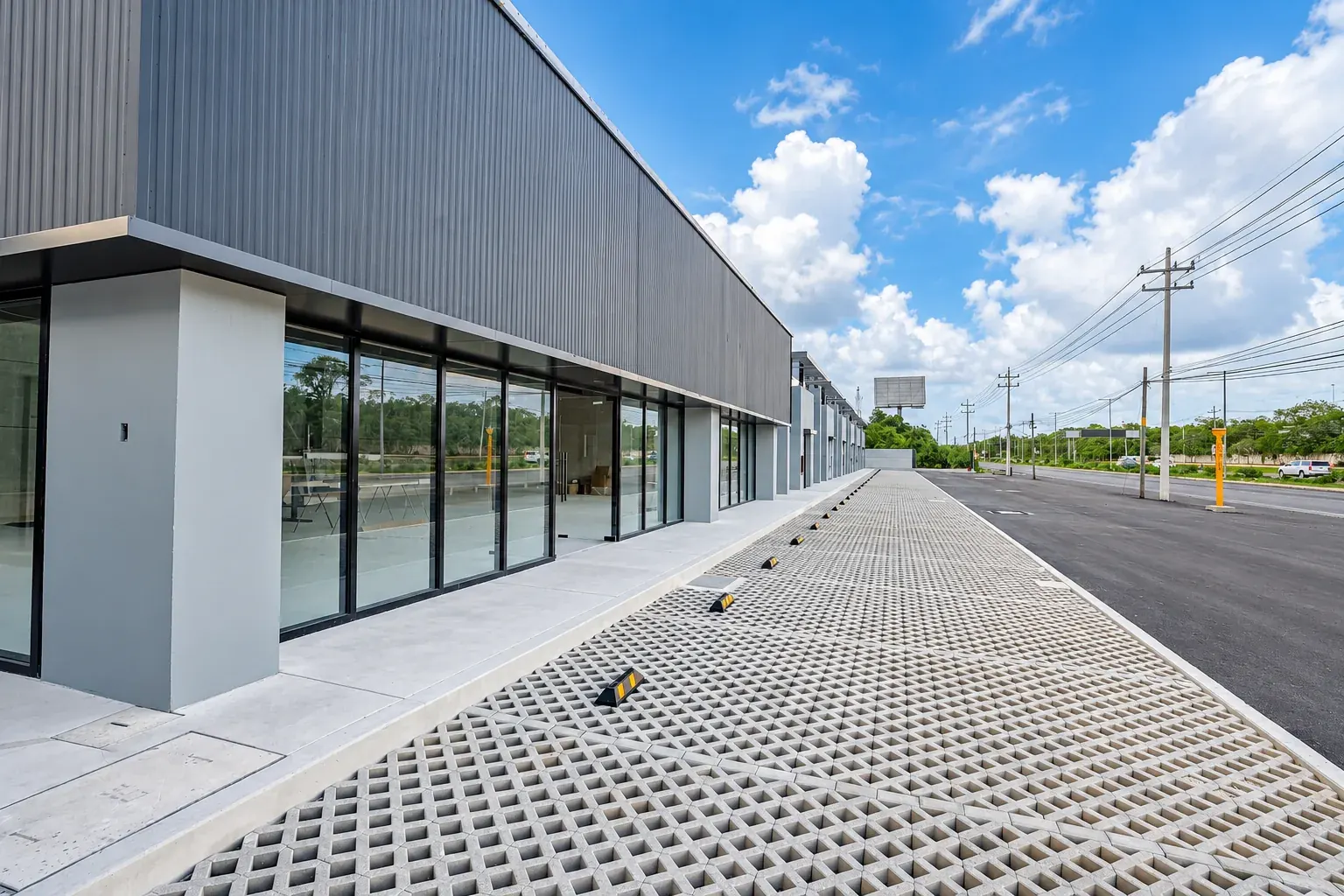 Fachada de los showrooms de Konecta Park con andador y estacionamiento de adopasto